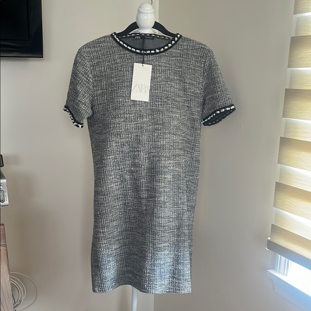 NWT Zara Black and White Sheath Mini Dress with pearl jewel neckline